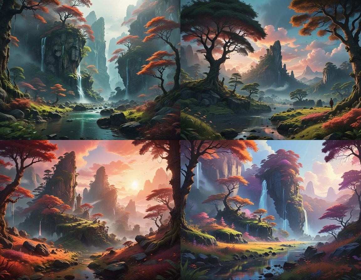 Fantasy Landscape with Floating Islands and Ancient Trees in...