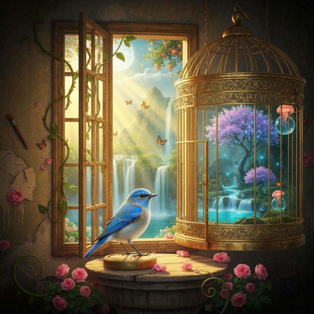 Bluebird in Golden Cage Hesitates at Garden Threshold