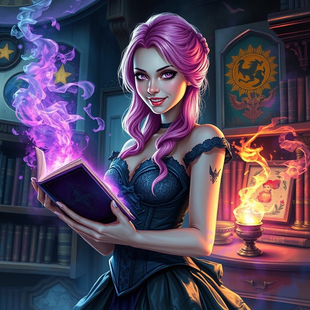 Gothic Sorceress with Spellbook in Alcohol Ink Art Style