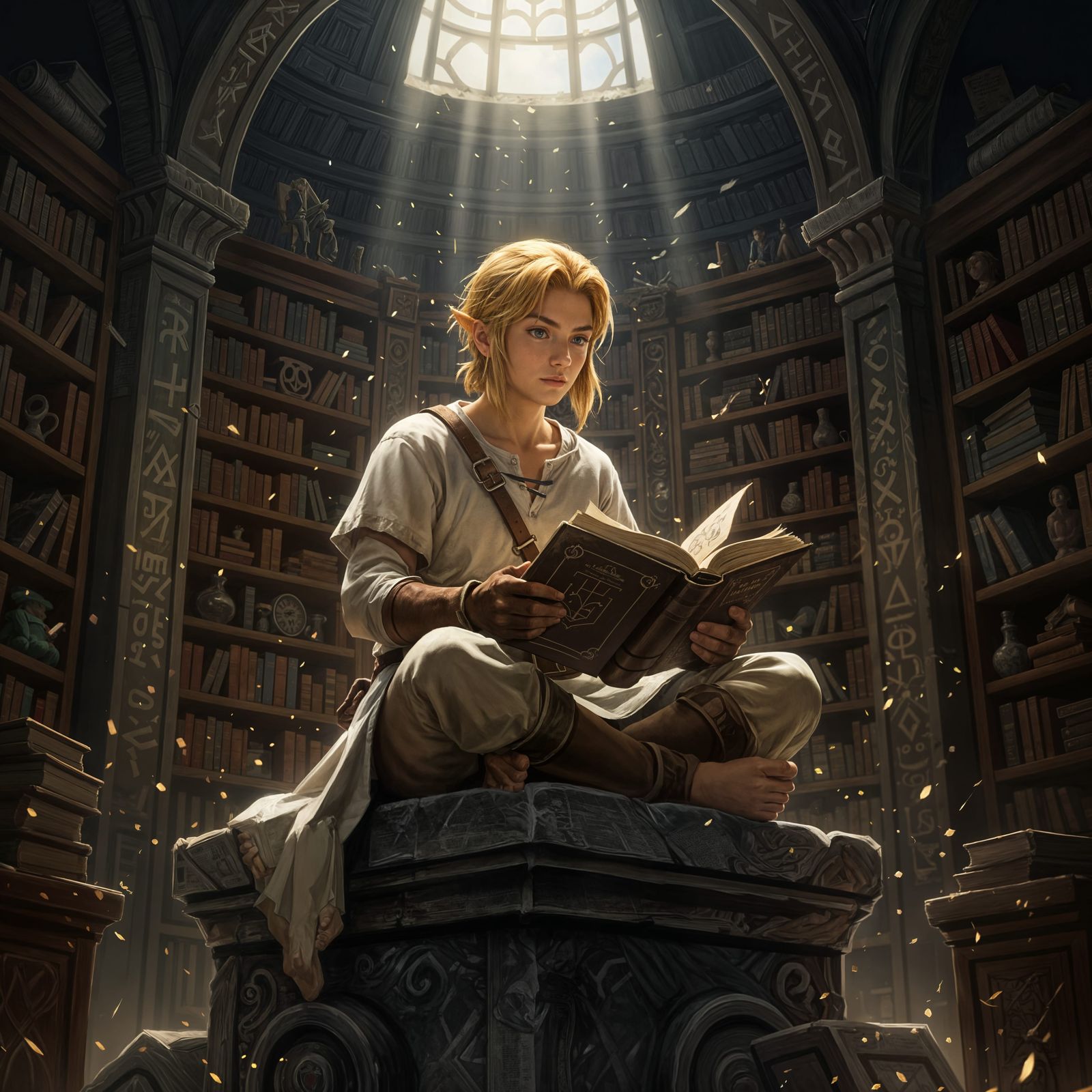 Link Reading a Book in Hyrule Castle Town