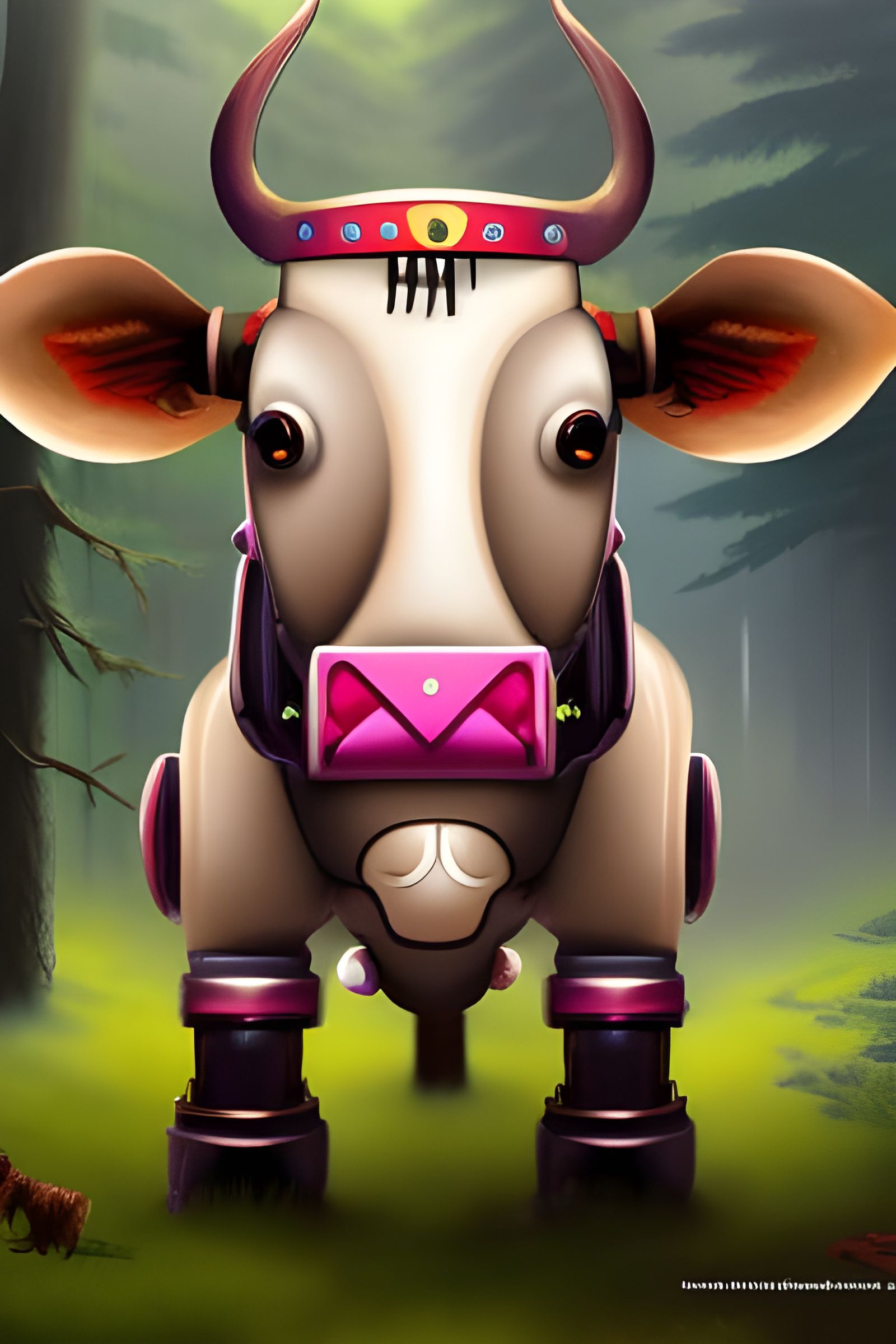 Steampunk Cow Robot Grazing in a Fantastical Forest