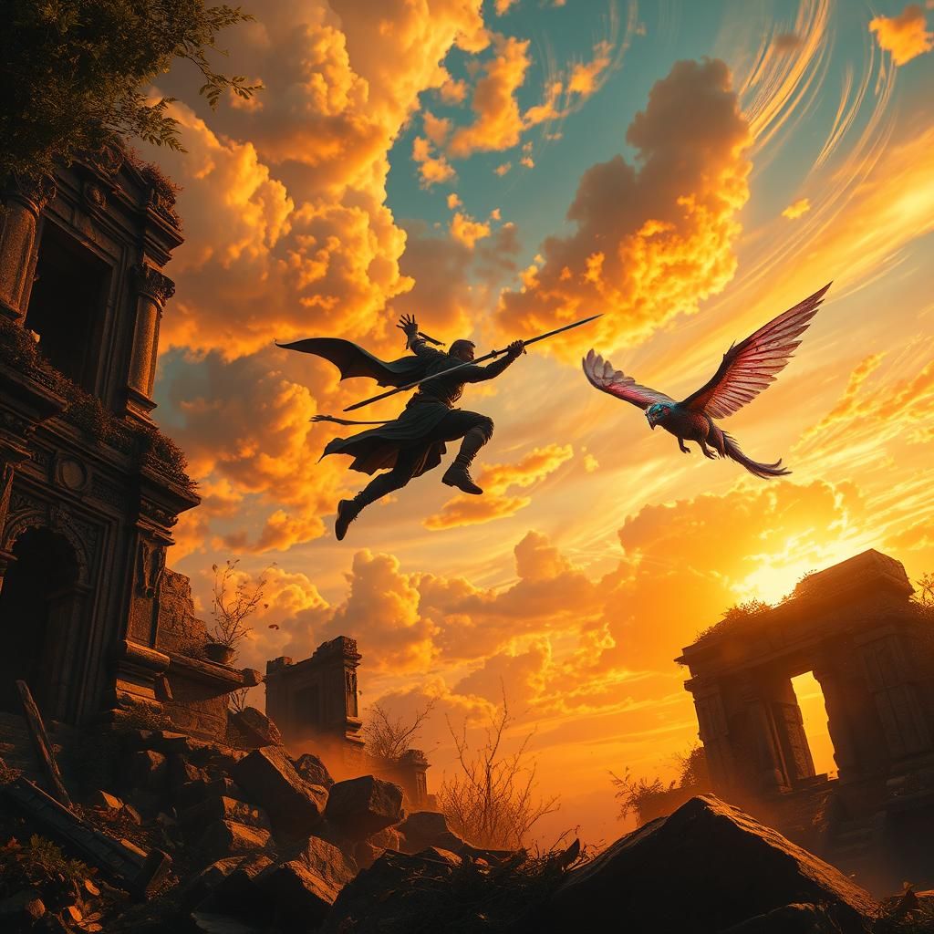 Warrior's Leap at Sunset: Fantasy Concept Art