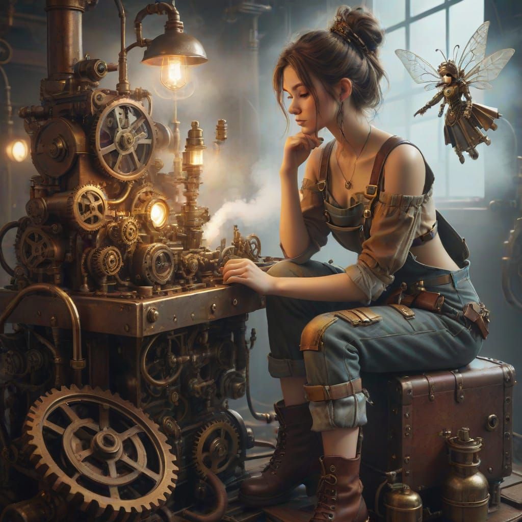Steampunk Mechanic with Fairy: Hyperrealistic Close-Up