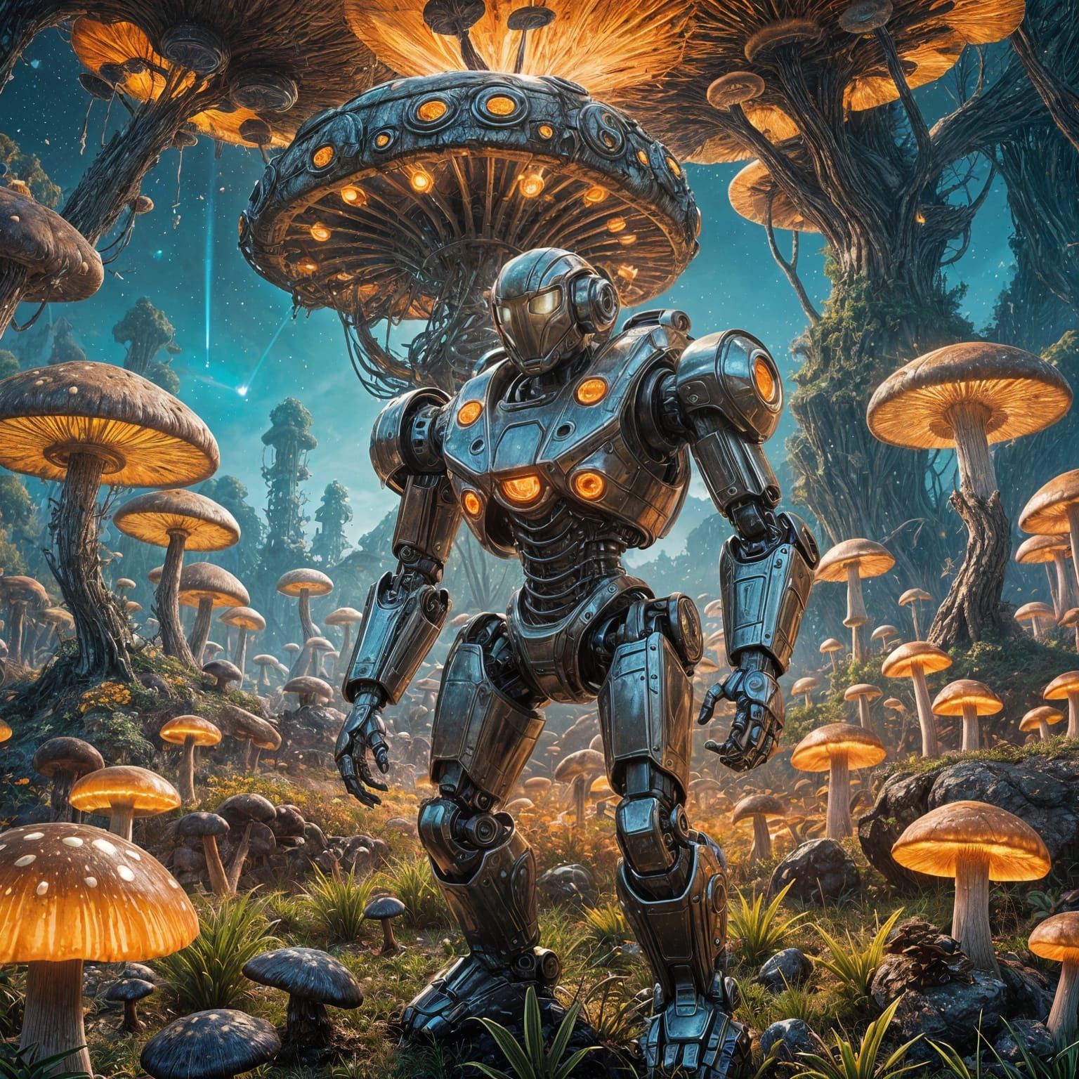 Robot Explorer on Alien Planet with Glowing Mushrooms