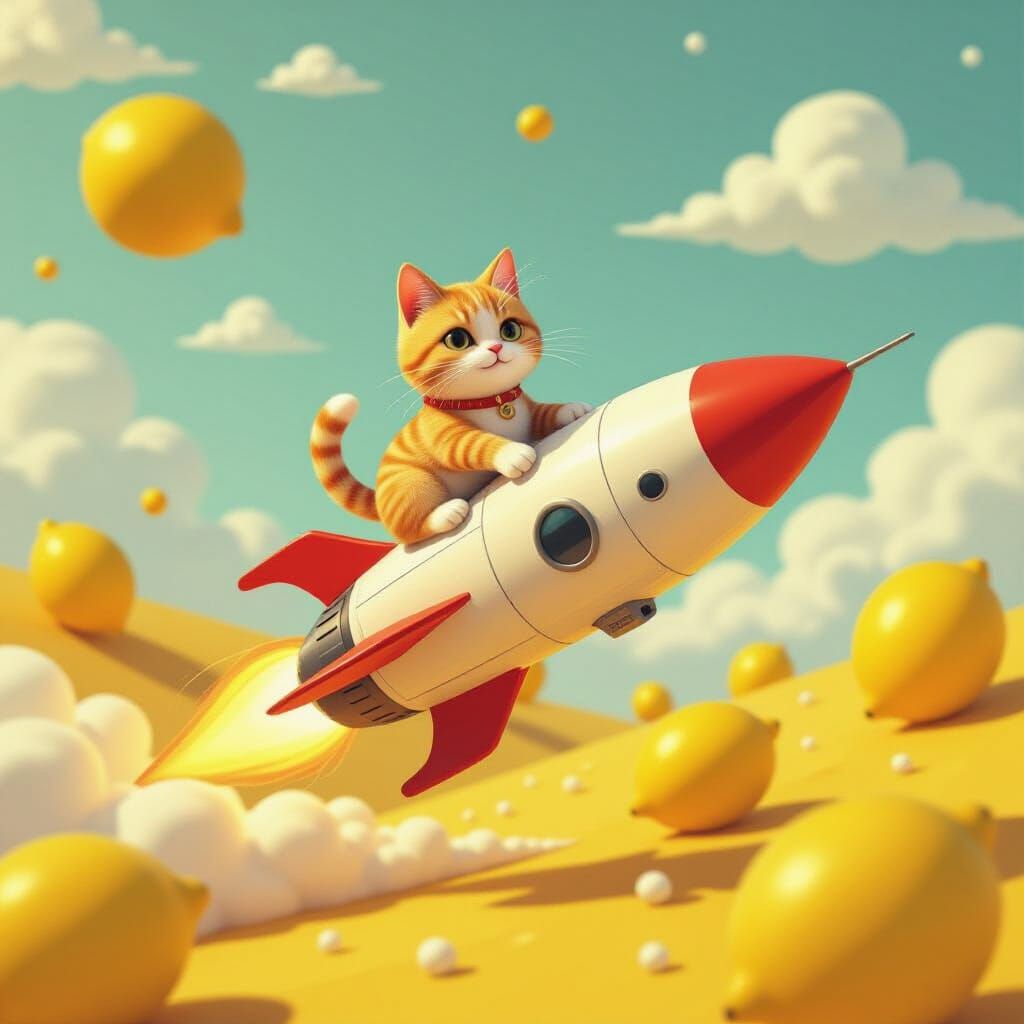 Cat on Rocket in Lemon World, Detailed Digital Art