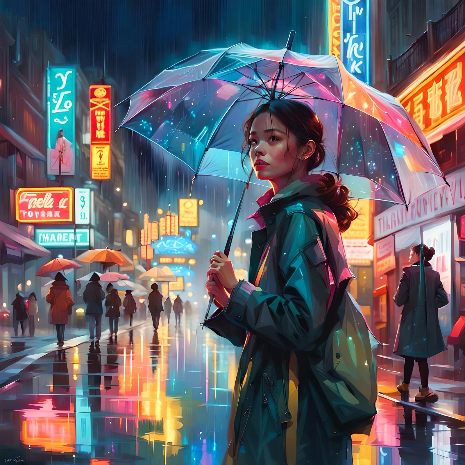 Neon Reflections: Woman with Umbrella on Rainy Street