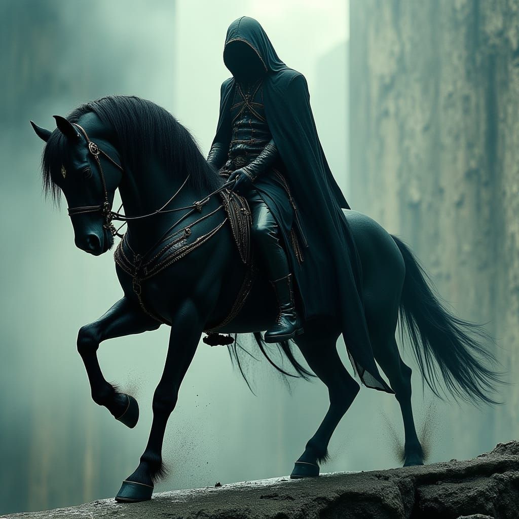 Dark Stallion Rider in Dramatic Fantasy Lighting
