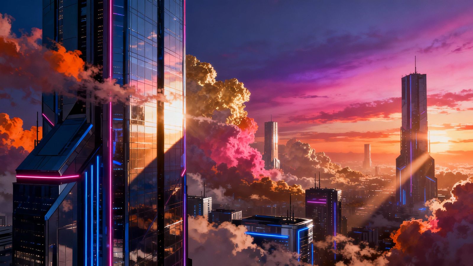 Futuristic Cityscape at Sunset with Ethereal Glow