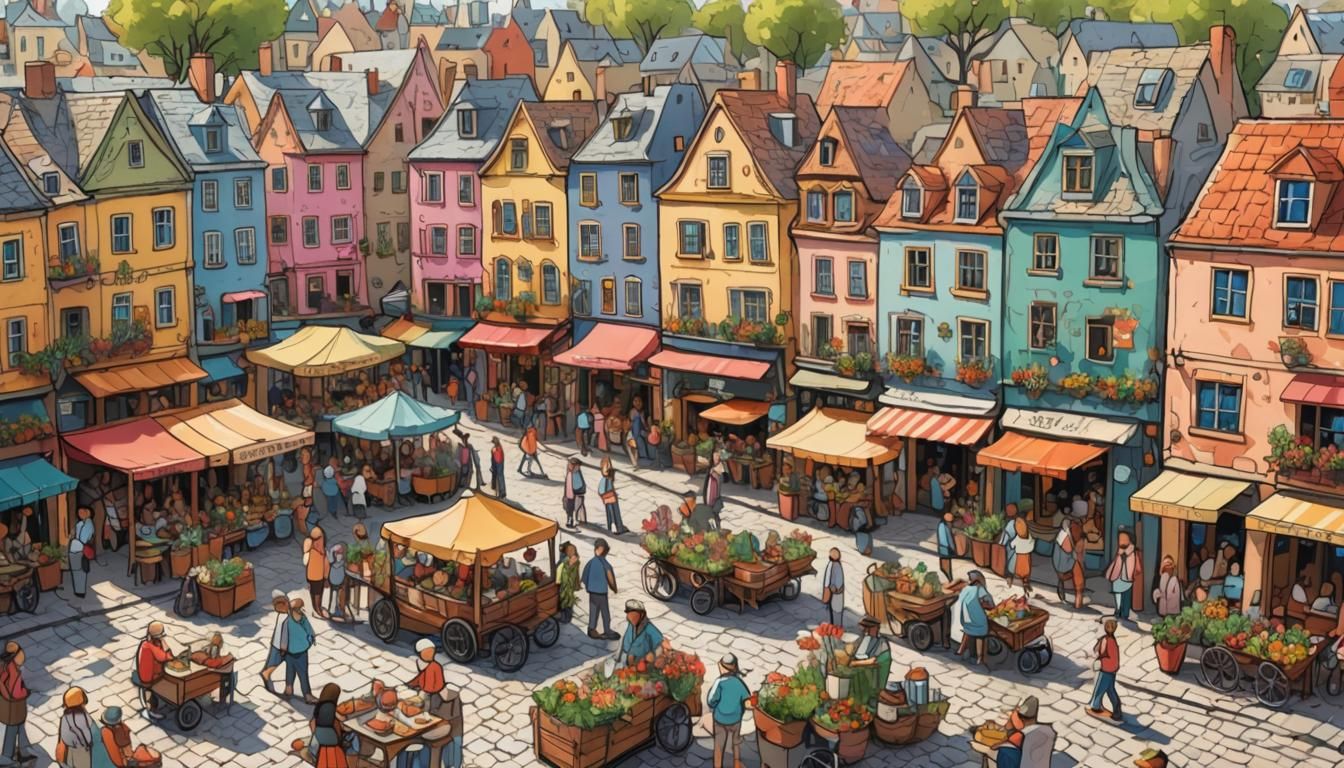 Vibrant Doodle Art of a Bustling Town
