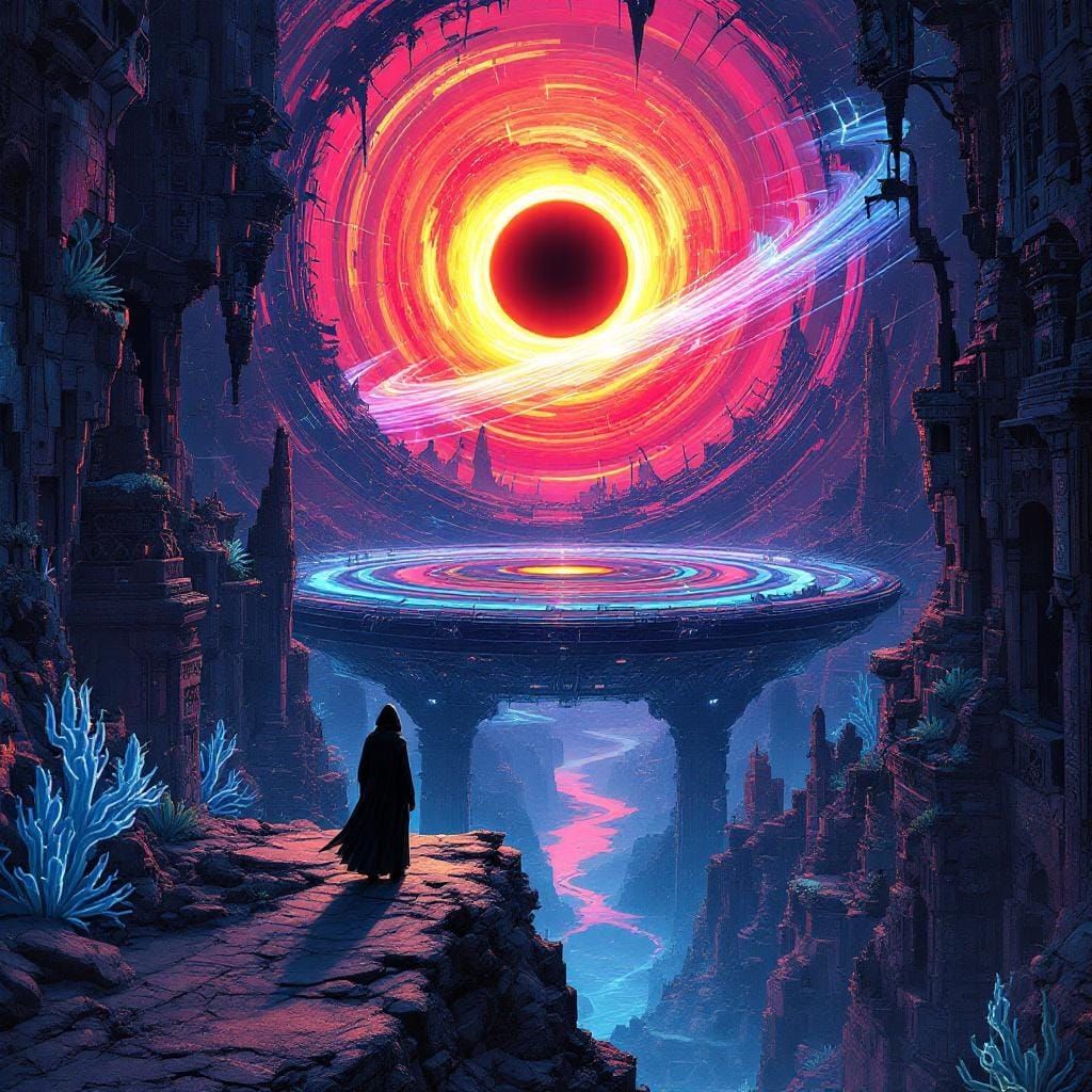 Wanderer at Ruined Dyson Sphere with Trinary Sunset