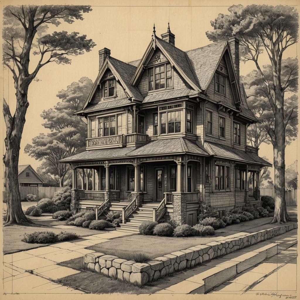 Detailed Ink Sketch of Shingle Bungalow Blueprint