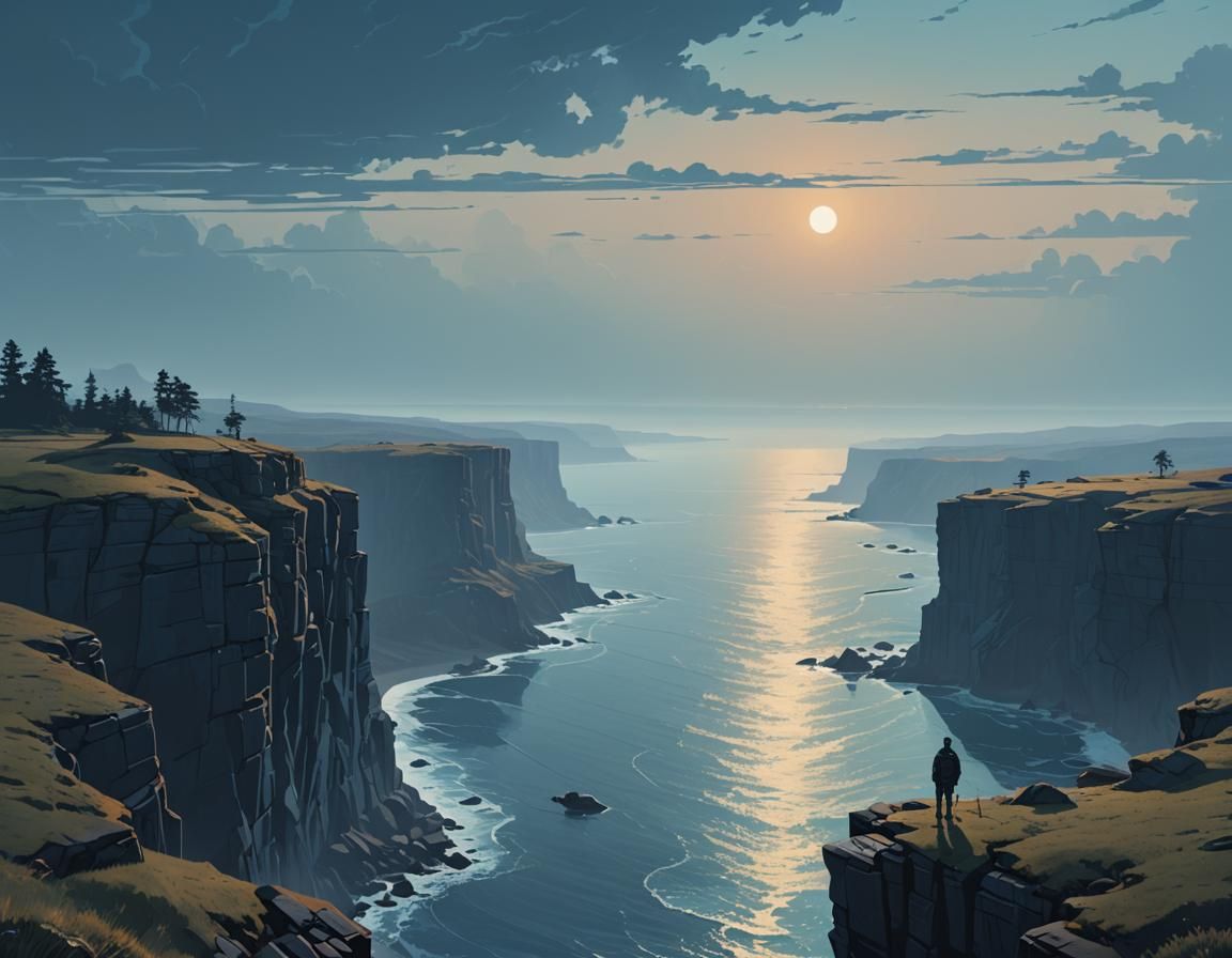 Lone Figure Overlooking Ocean in Digital Illustration