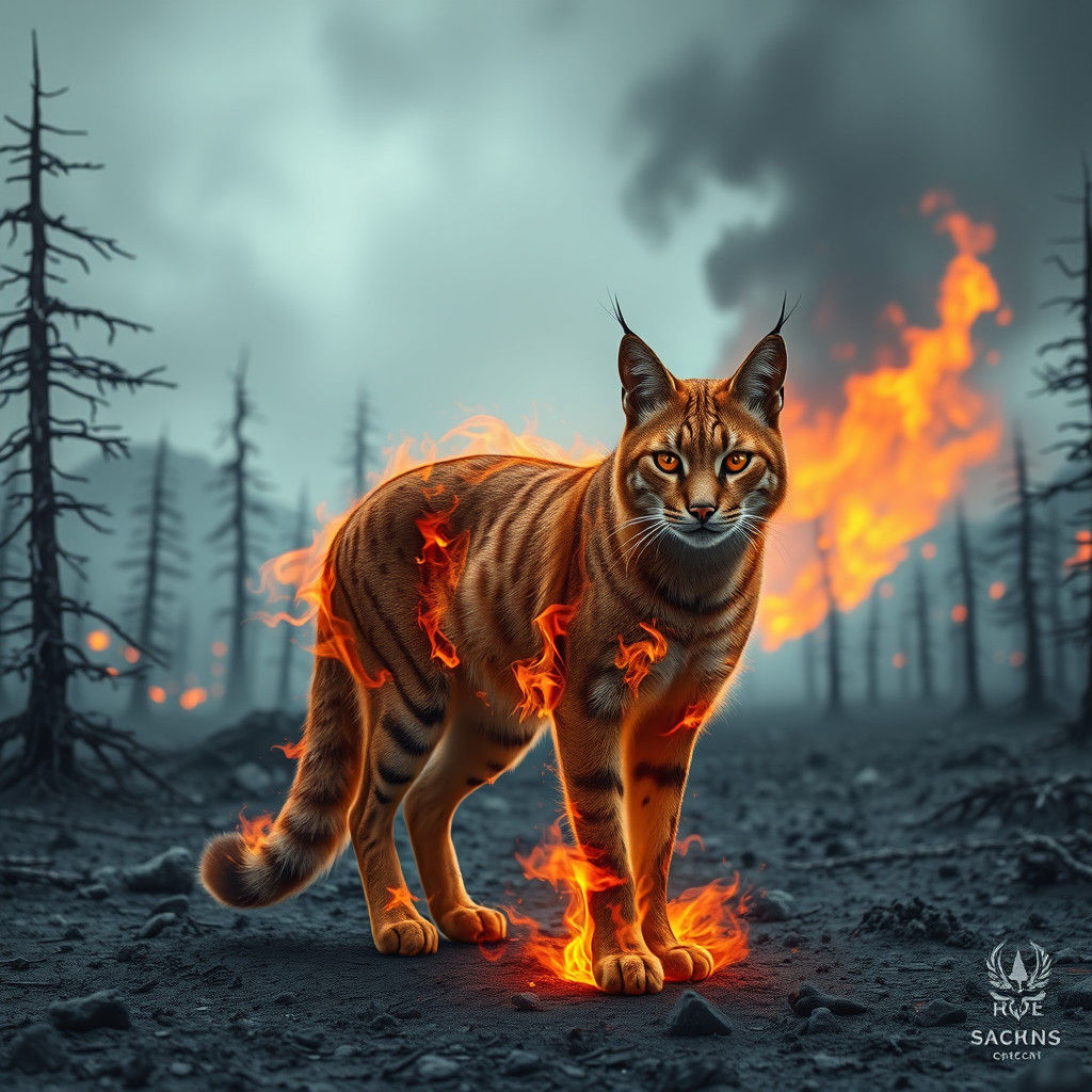 Fiery Caracal Cat Amidst a Wasteland Inferno