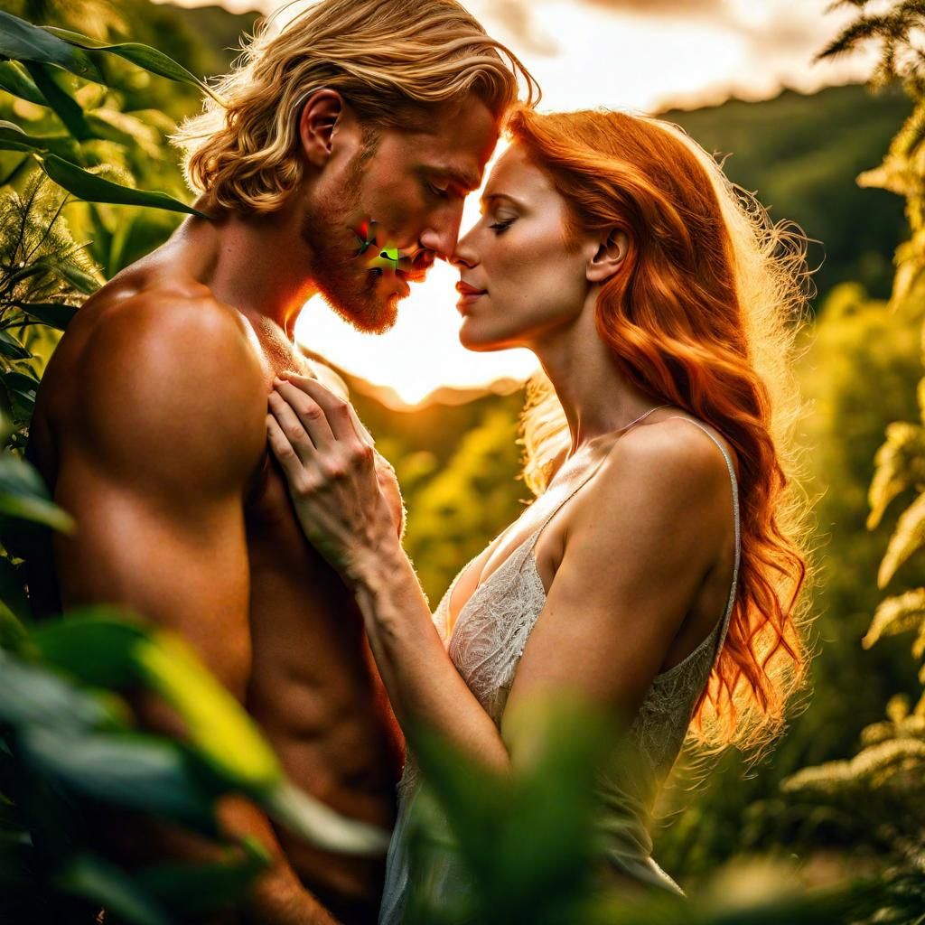 blonde man and ginger woman kissing