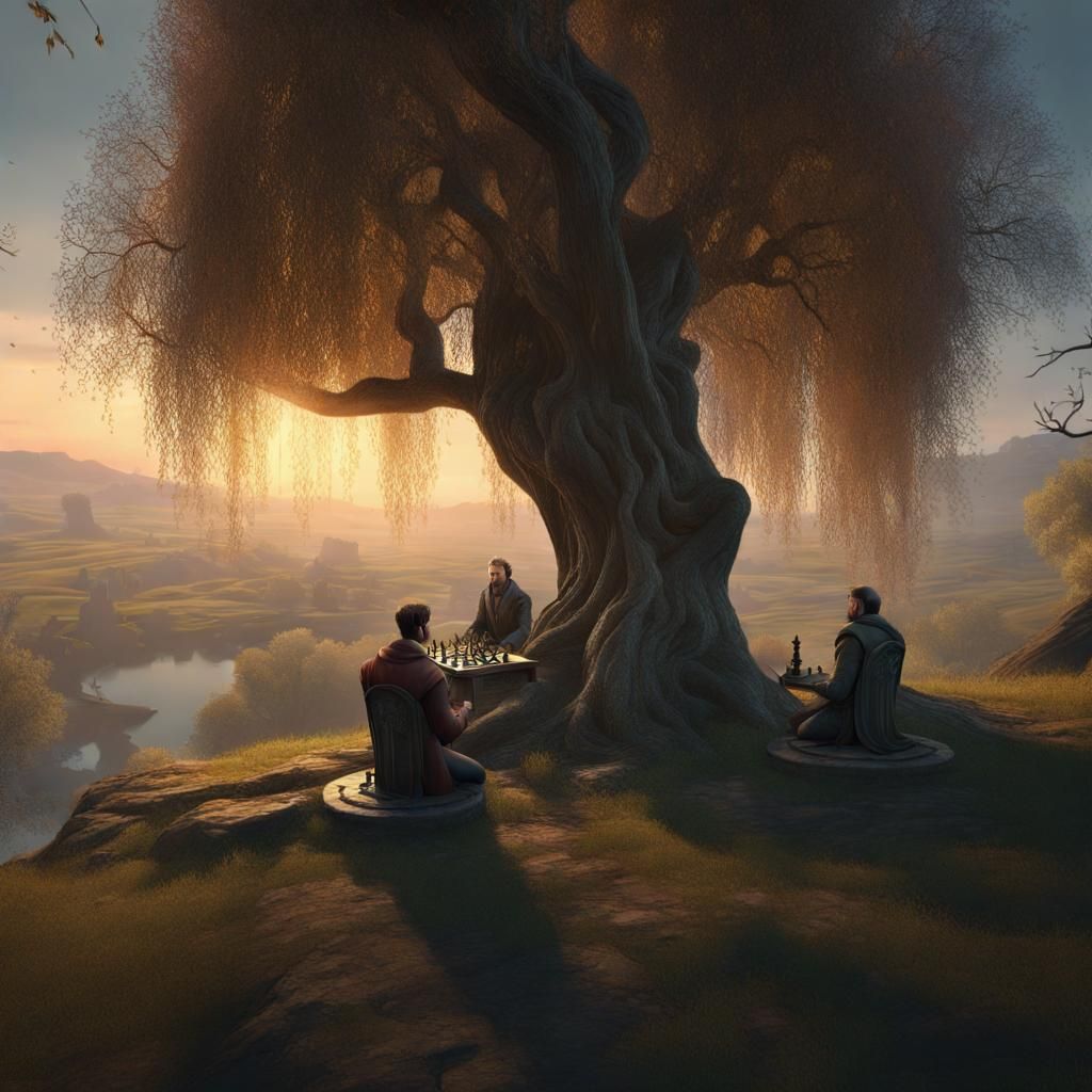 Willow Tree Chess Game: Dark Fantasy Art