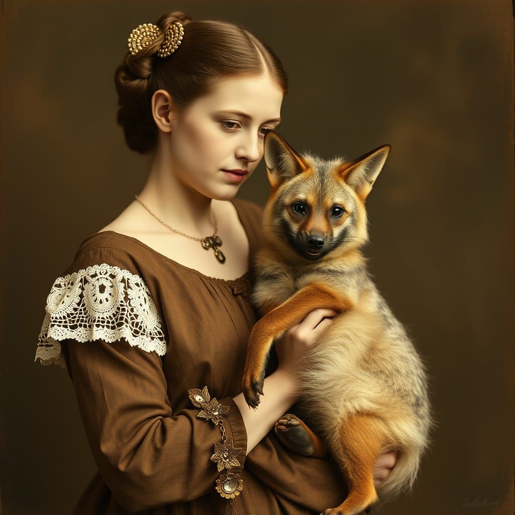 Edwardian Woman with Aardwolf: Historical Portrait
