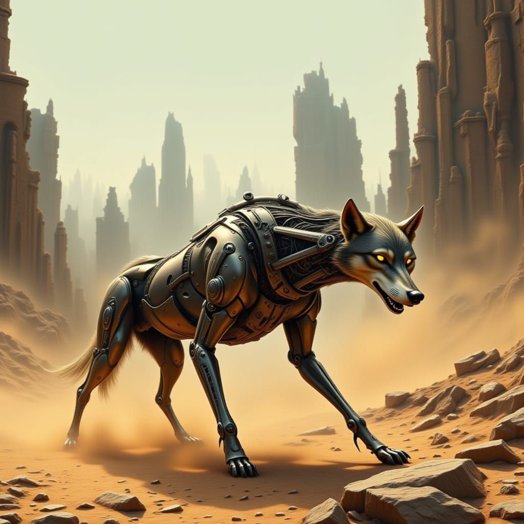 Cybernetic Wolf Explores Desert Ruins