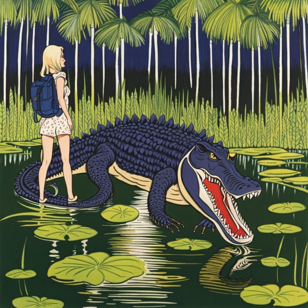 Horror Alligator Encounter in Junji Ito Manga Style