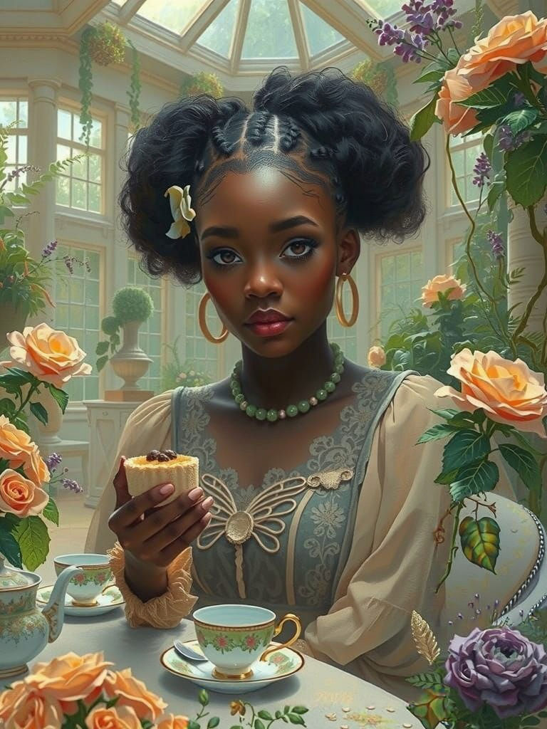 Black Woman's Whimsical Tea Party, Pre-Raphaelite Style