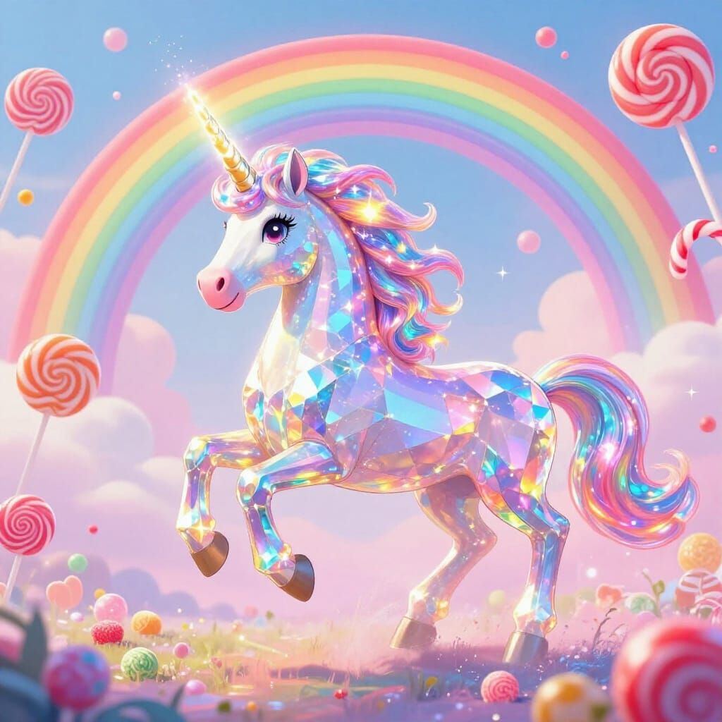 Gemstone Unicorn Gallops on Candy Rainbow in Fantasy Art Sty...