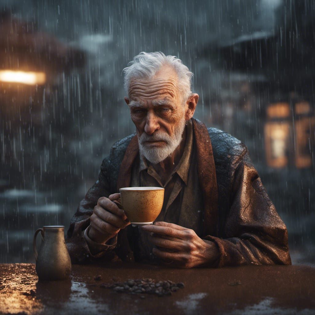 Old Man Drinks Coffee in Rainy Fantasy Art