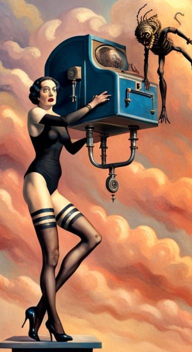 Stockinged Woman with Steampunk Machine and Chimera