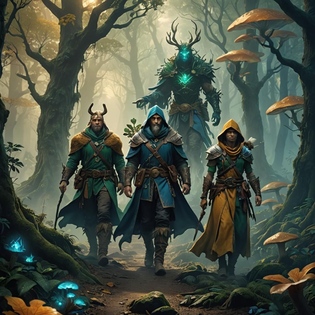 Fantasy Wizard Leads Adventurers Through Misty Woods