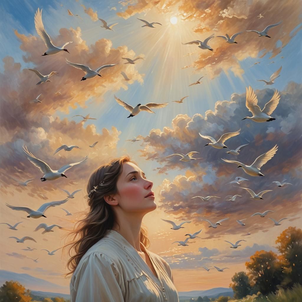 Ethereal Landscape: Contemplative Figure Watching Wild Swans