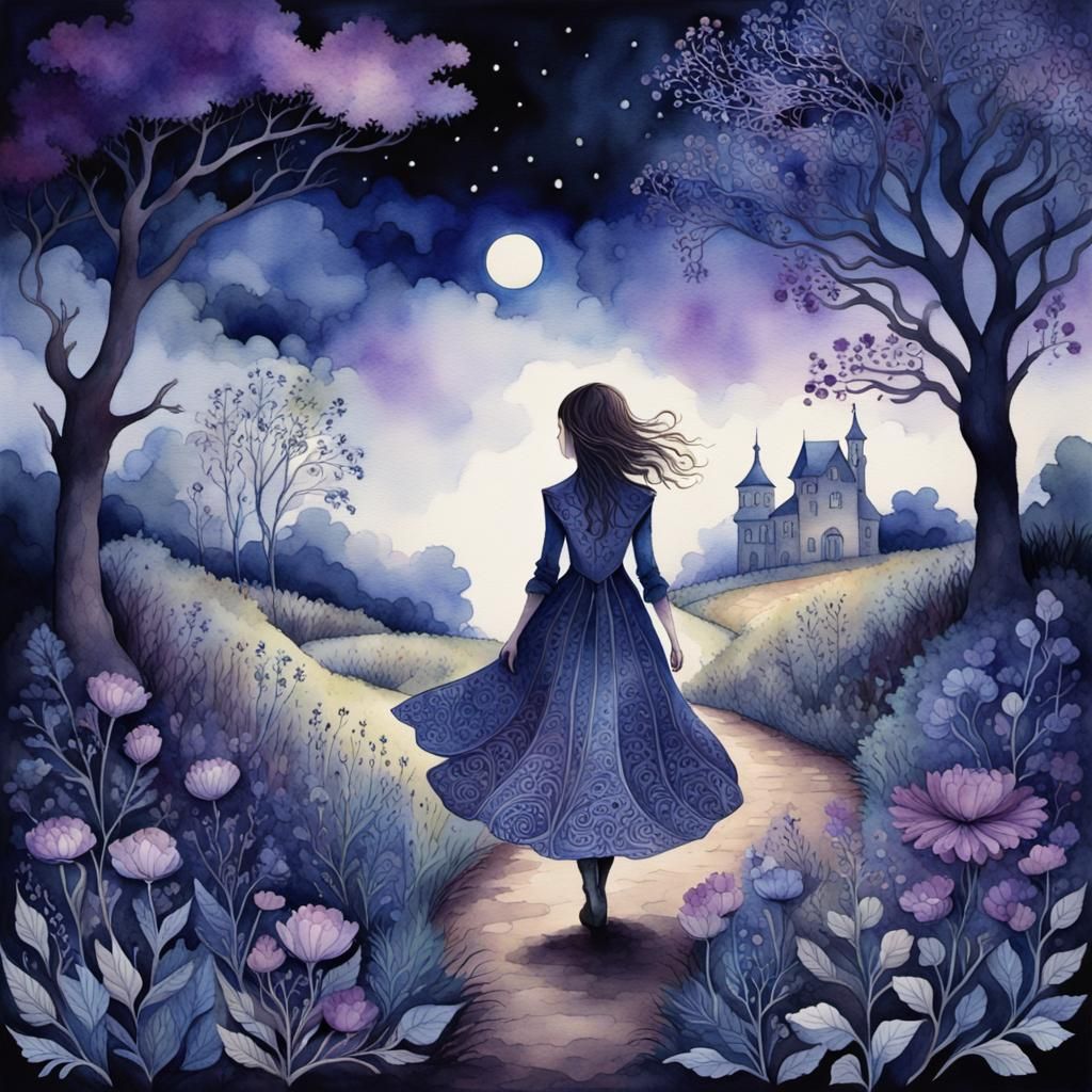 Moody Watercolor Nocturne: Lonely Woman's Garden