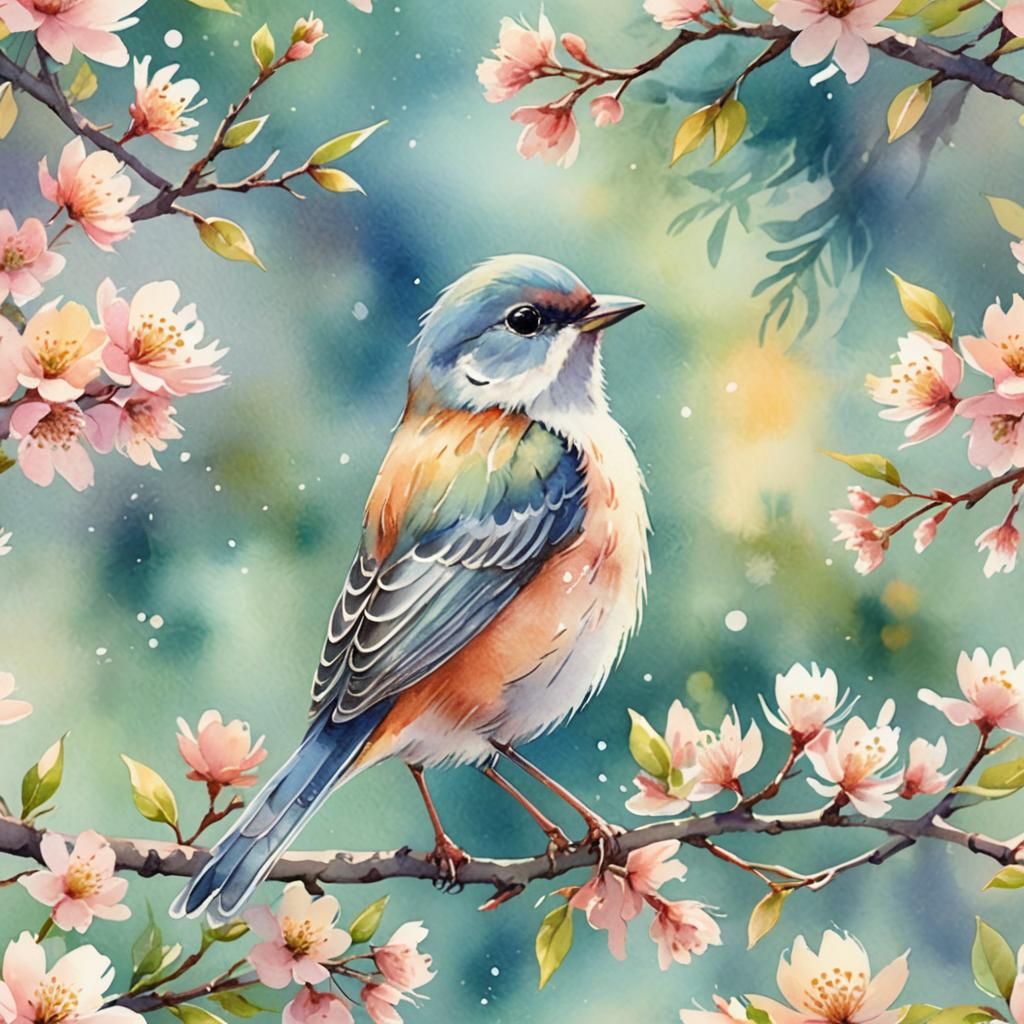 Bird on Blossoming Branch in Watercolor Style