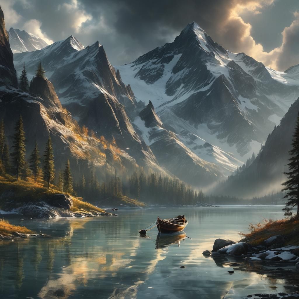 Majestic Mountains and Lake in Hyperrealistic Style