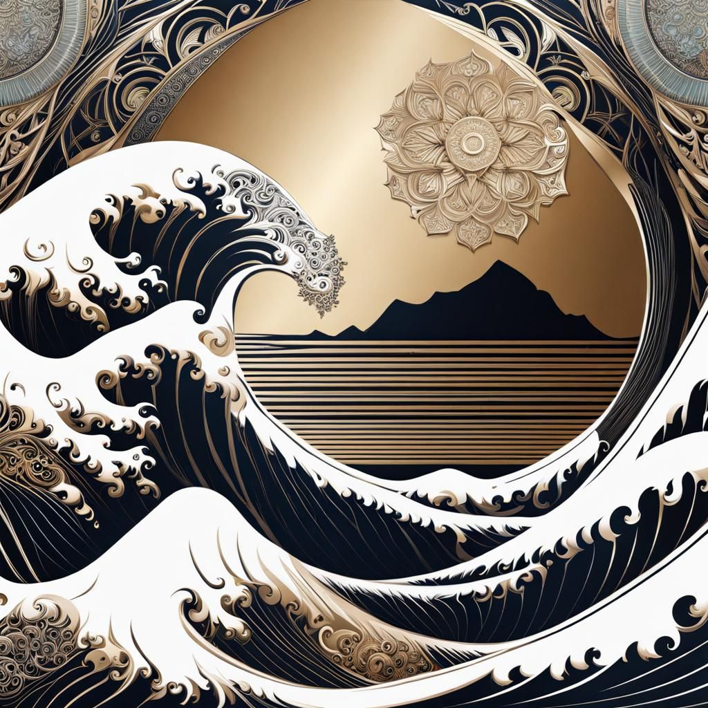 Metallic Great Wave Double Exposure Art