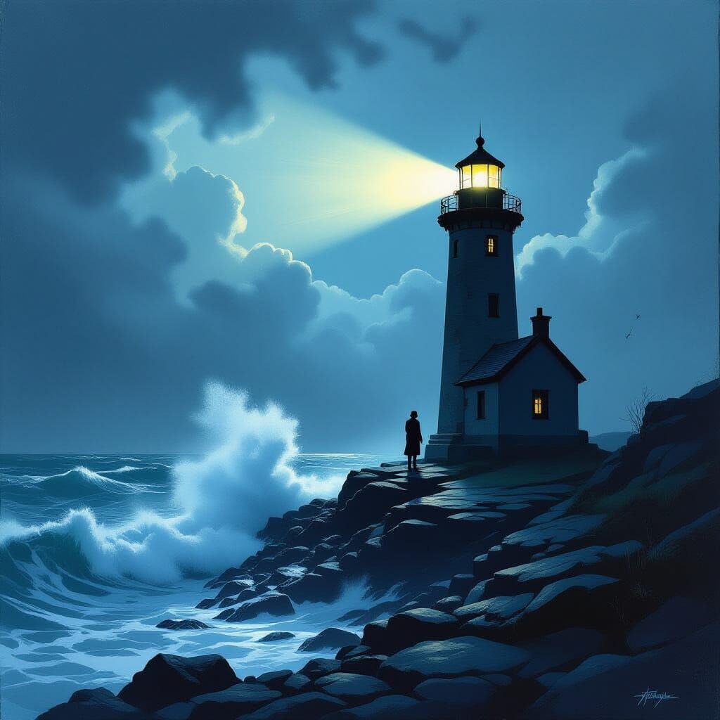 Lighthouse Keeper in Stormy Twilight