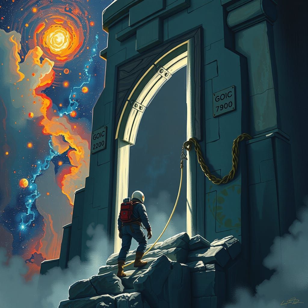 Astronaut Rappelling on Cosmic Doorway, Digital Art
