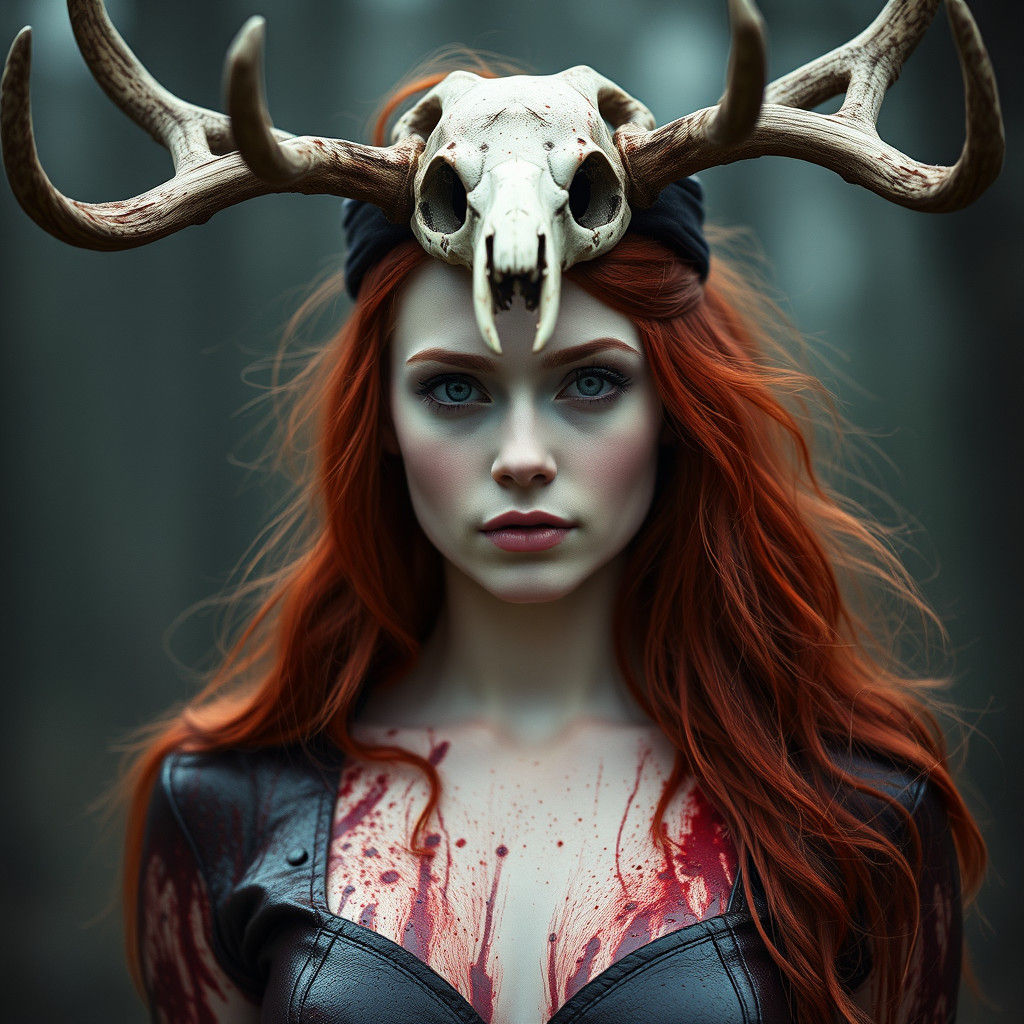 Red-Haired Beauty with Wendigo Antlers in Cinematic Style
