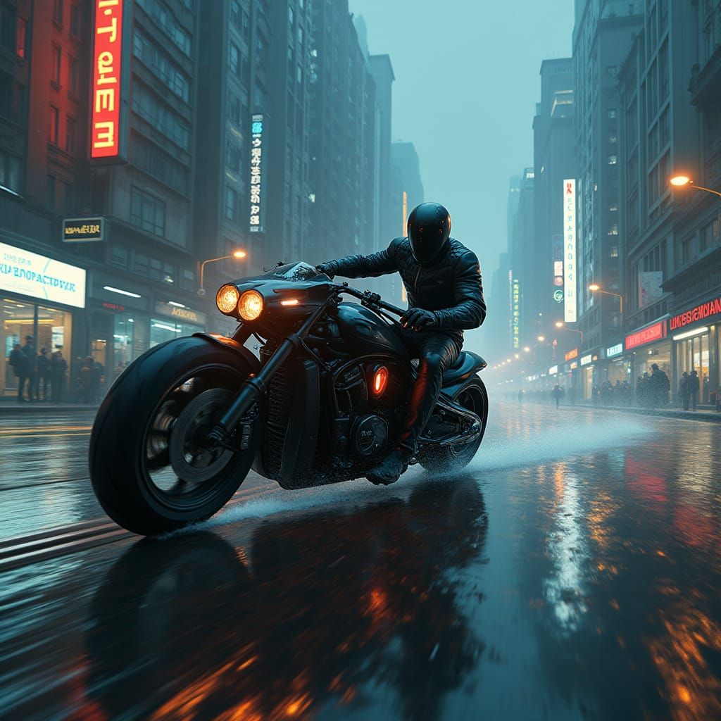 Cyberpunk Cityscape at Dusk with High-Tech Motorcycle