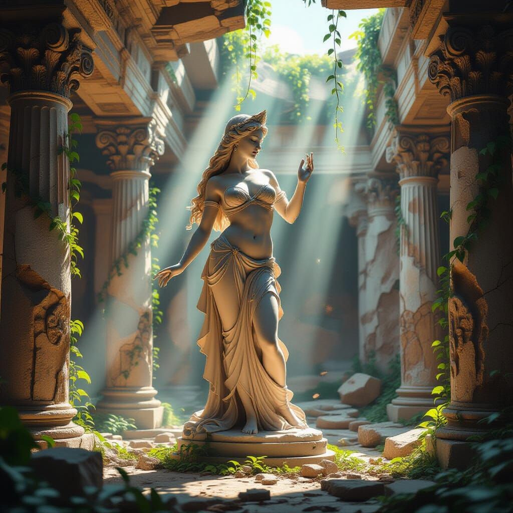 Goddess of Love Statue in Ruined Temple