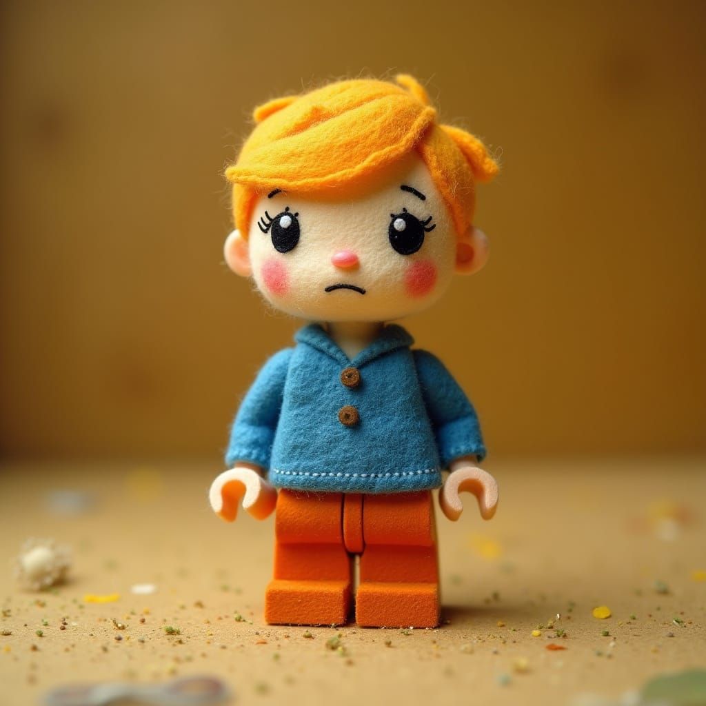 Confused Felt Lego Figure in a Whimsical Style