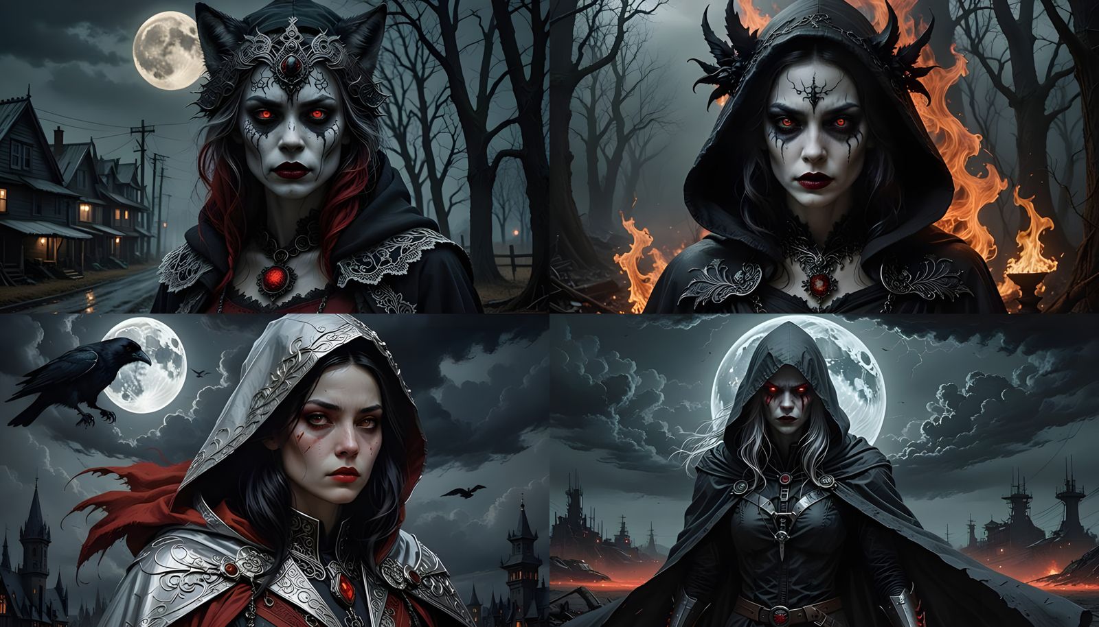 Silver Hooded Werewolf Woman Under Dark Moonlit Skies