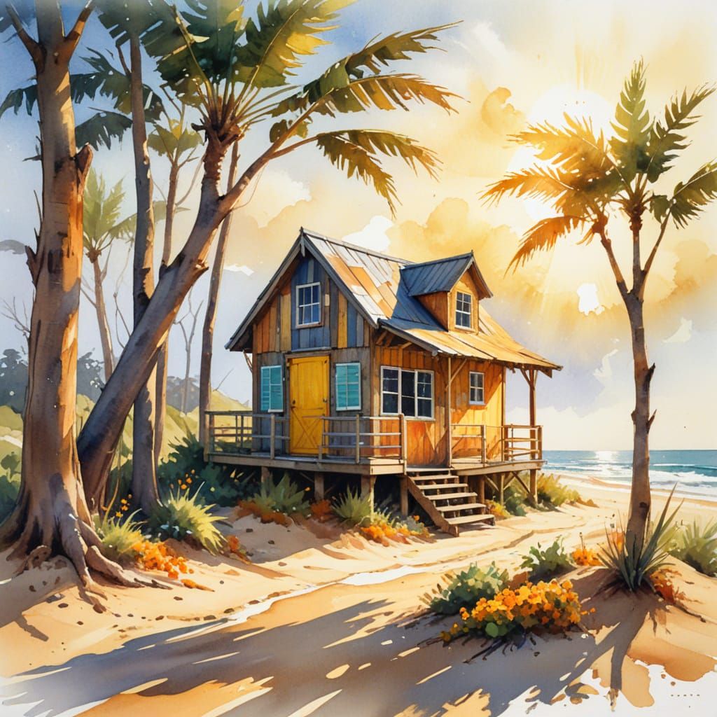 Whimsical Coastal Oasis in Vibrant Watercolour Style