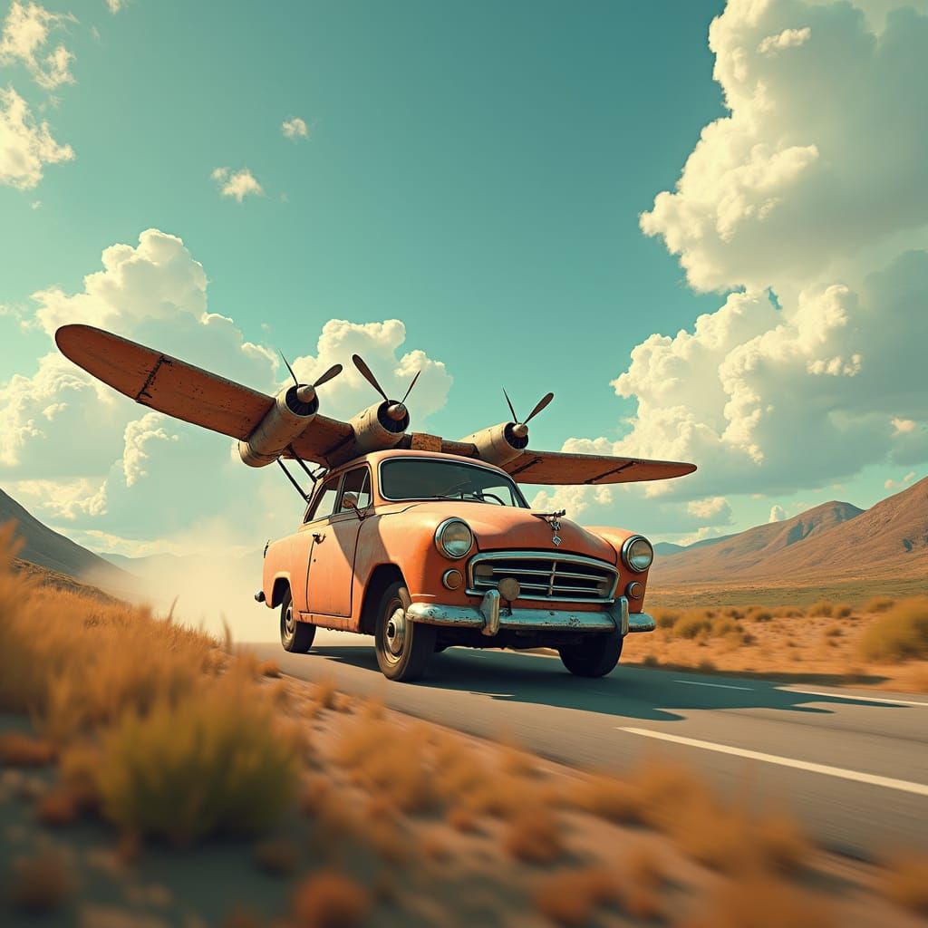 Trabant Car with Wings and Propellers, Matte Painting