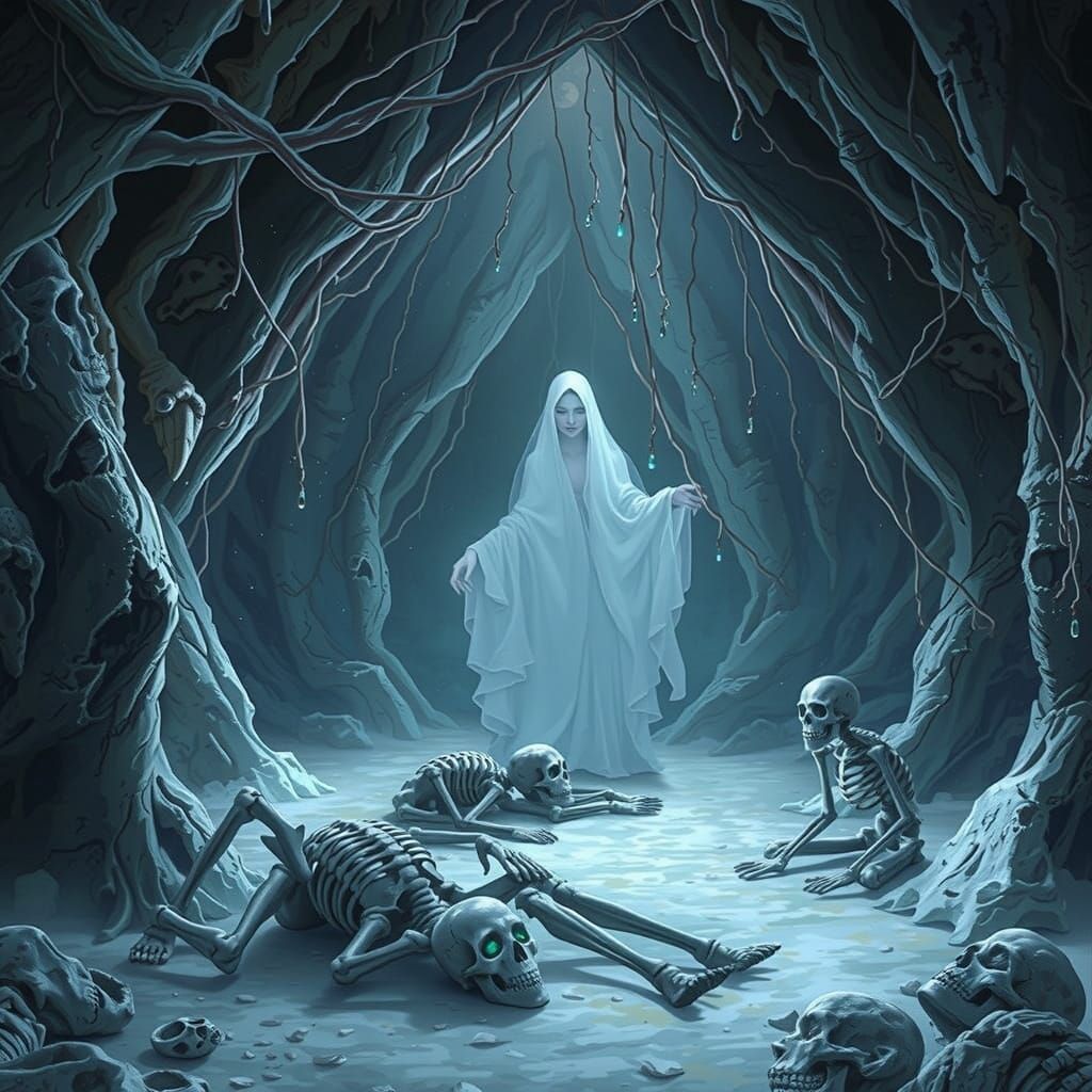 Ethereal Elven Woman Mourns Family in Haunting Ice Cave