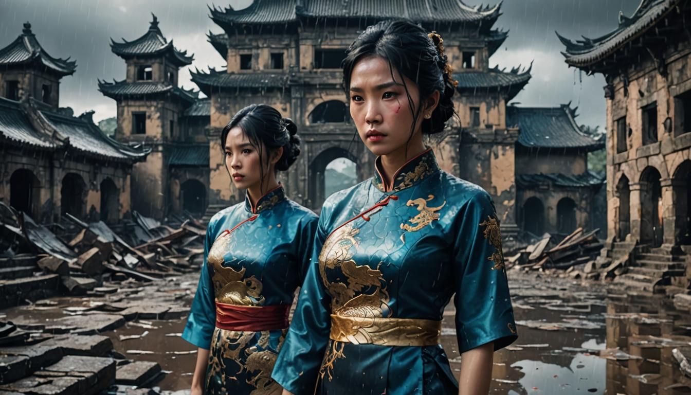 Dragon Qipao in Rainy Castle Ruins