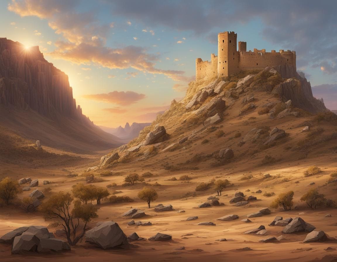 Ruined Fortress in Desert Mountain Sunset