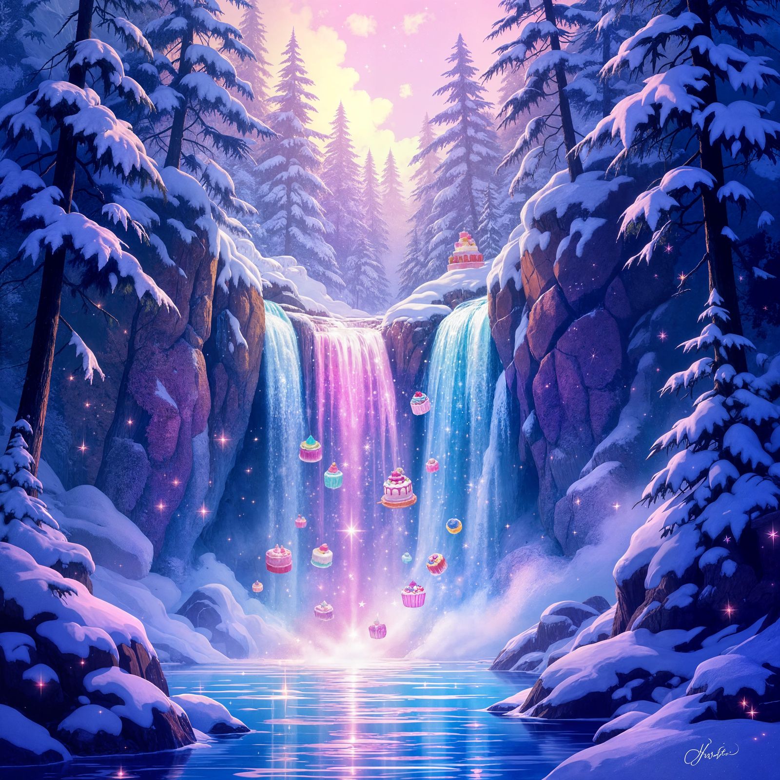 Magical Sparkling Waterfall with Sweets and Snow-Dusted Pine...