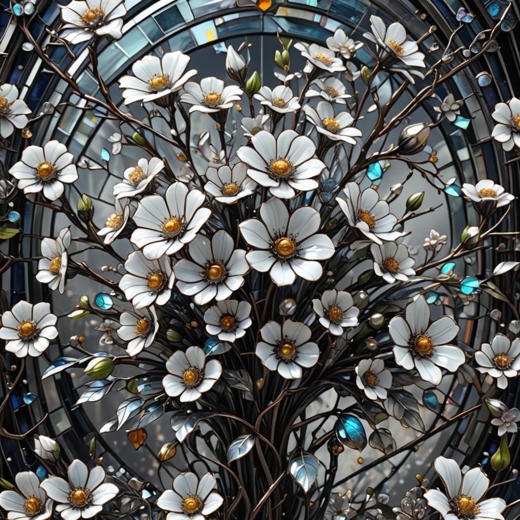 Stained Glass Flowers with Metal Details in Sci-Fi Art