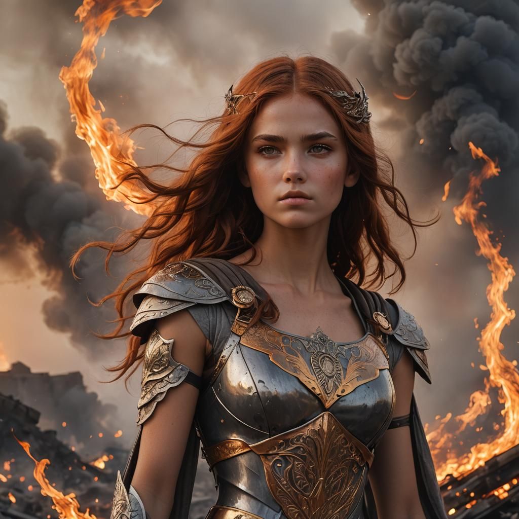 Demigoddess Amidst Battlefield Sunset, Digital Art