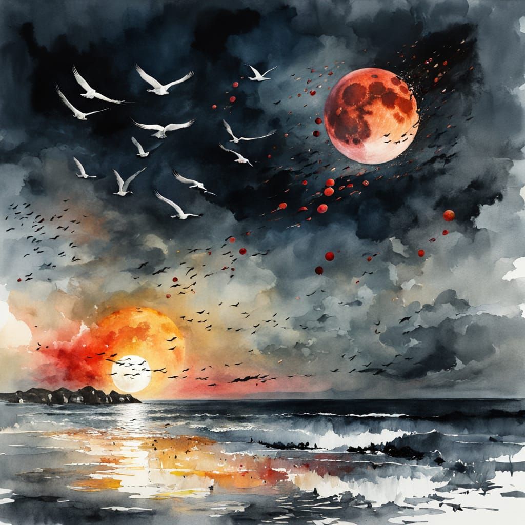 Triple Blood Moon Over Ocean as Watercolor