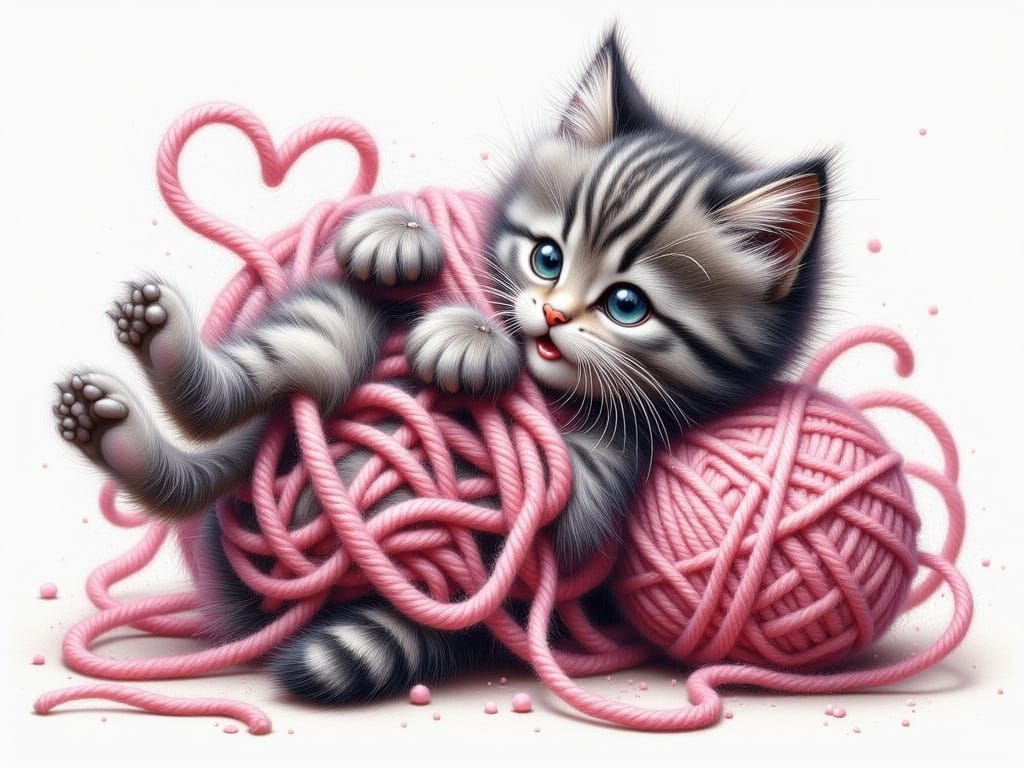Whimsical Kitten in Tangled Yarn Acrylic Art