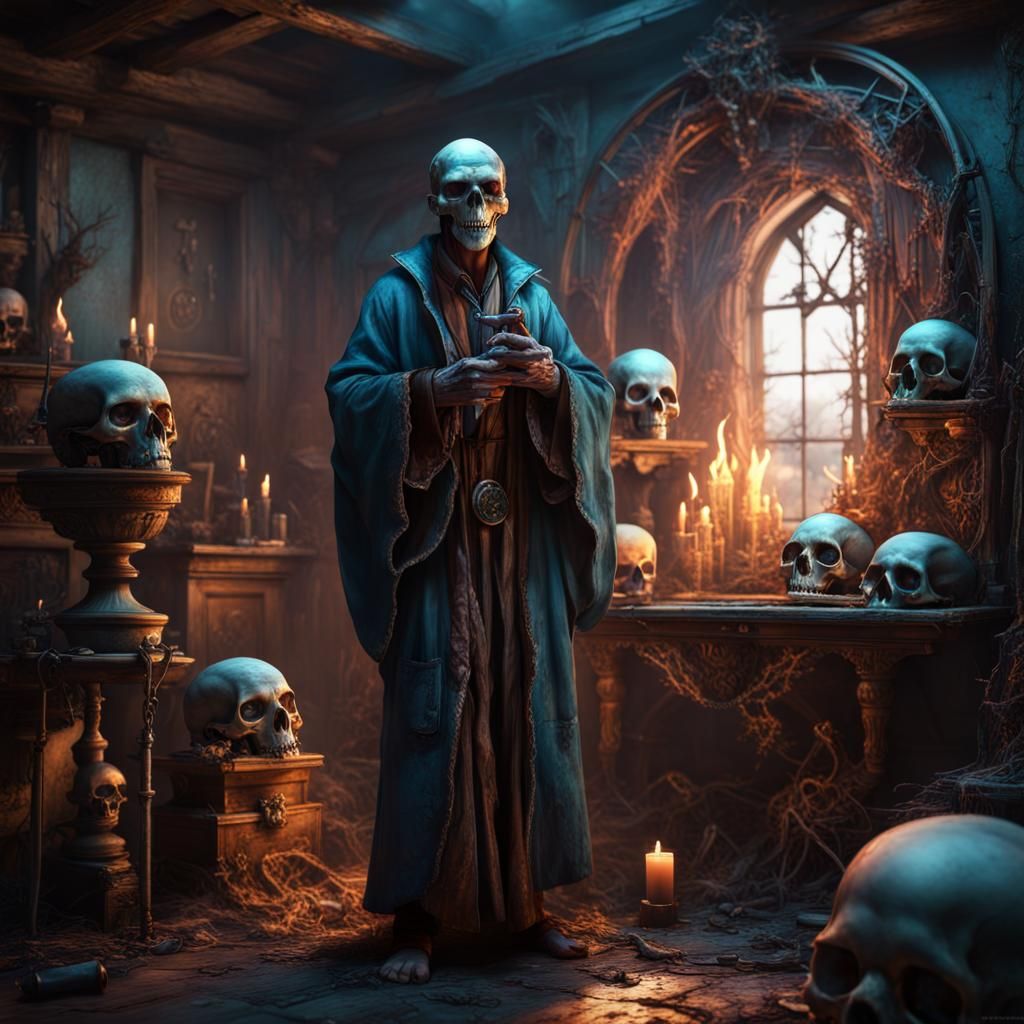 Sorcerer in Post-Apocalyptic Wonderland with Glowing Skulls